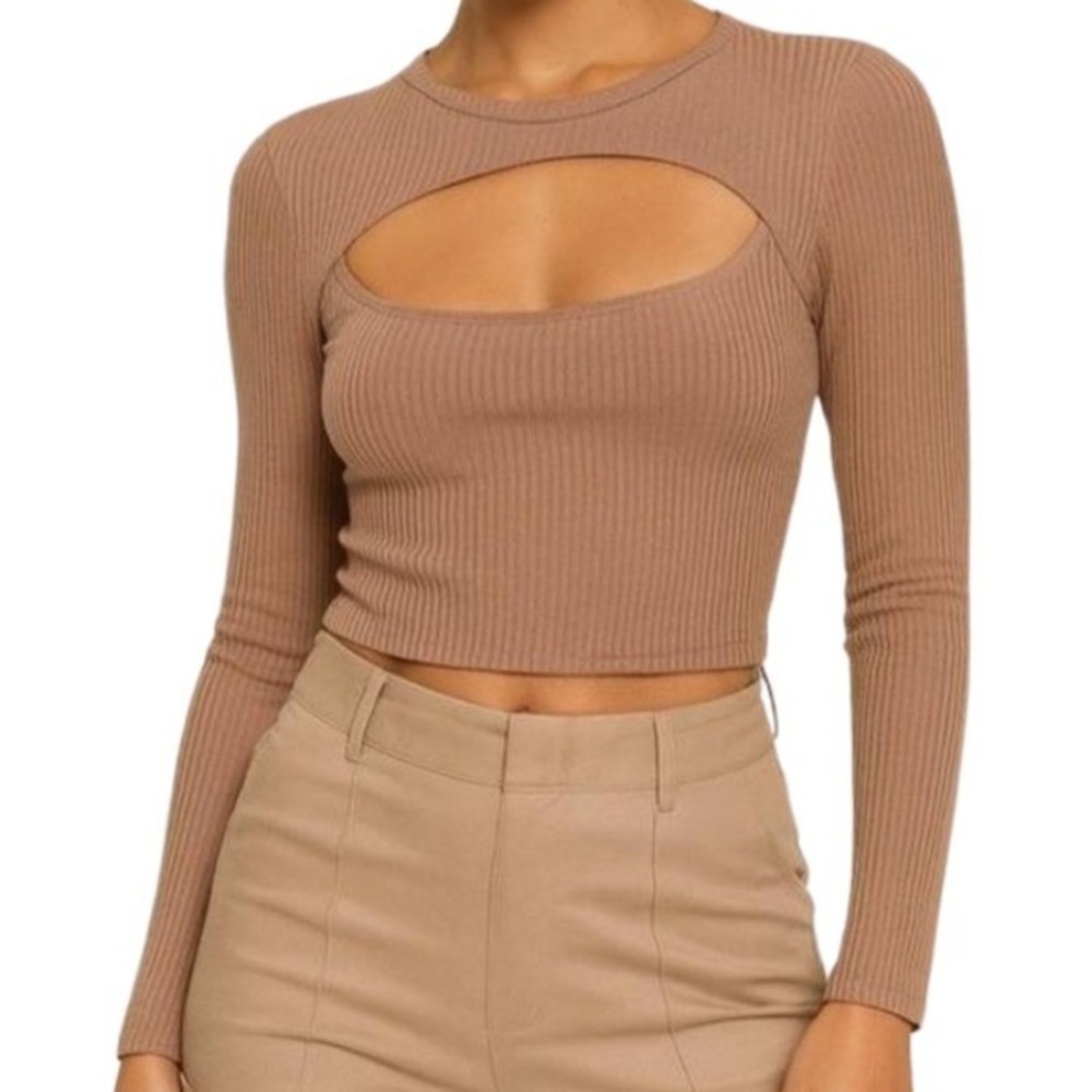 Brave Soul London NWT Womens Taupe Ribbed Long Sleeve Cutout Crop Top Size Small